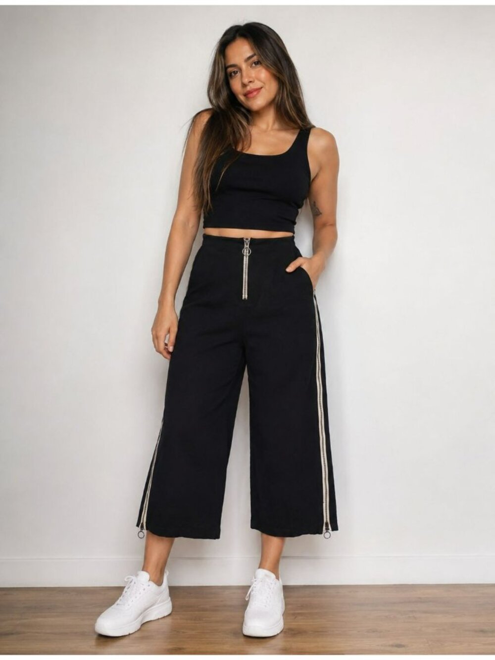 Dauntless NYC Black Wide-Leg Pants Cropped Side Zippers Organic Cotton Blend L